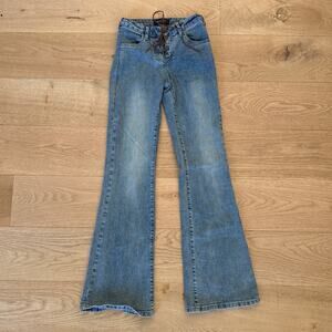 White Fox Low Rise Flare Jeans Original Trendsetter Brown Tie Size S in Blue